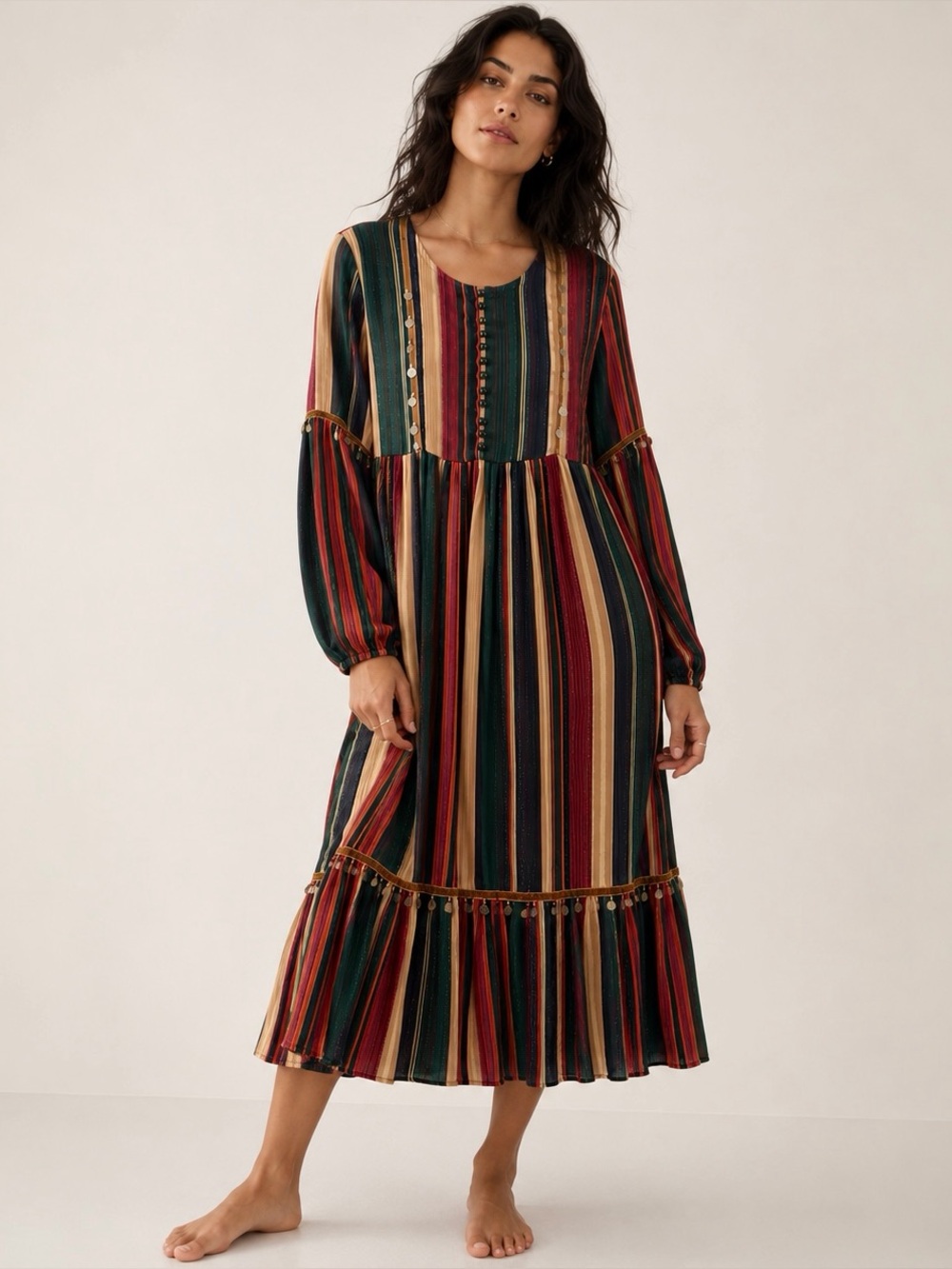 JAASE women's boho striped maxi dress size small tiered bell sleeve festival